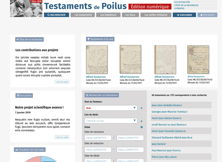 Site Édition numérique des Testaments de Poilus piloté par les Archives Nationales