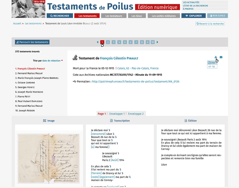 Site Édition numérique des Testaments de Poilus piloté par les Archives Nationales