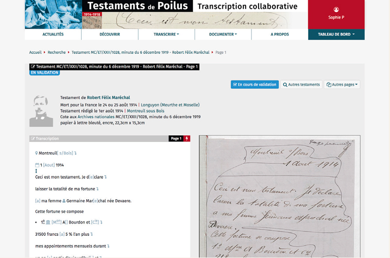 Site Testaments de Poilus piloté par les Archives Nationales